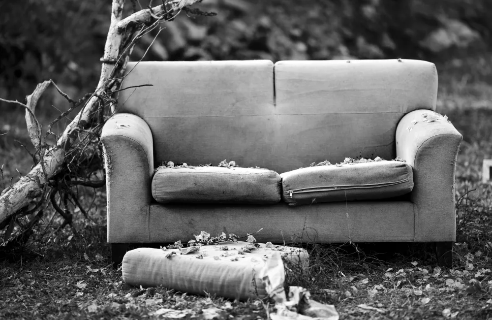 Altes Sofa steht mit Laub bedeckt im Freien